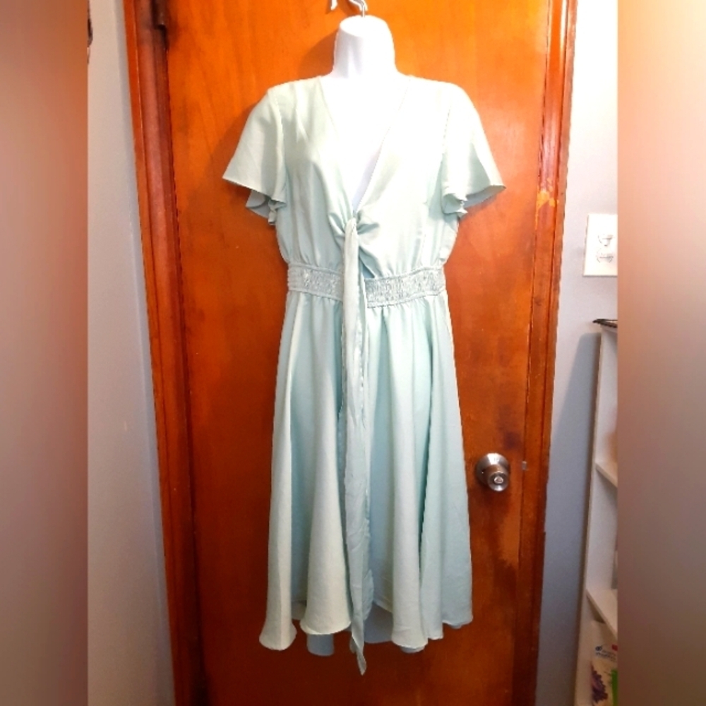 Zesica Women's Cottage Core Lagenlook Dress Size Large Flare And Tie Waist Aqua - Picture 5 of 8